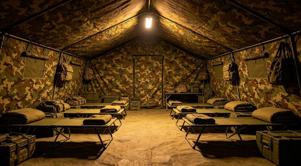 Interior view of spacious military camouflage tent with folding cots, military gear and sleeping bags arranged neatly, warm yellow lighting, 20 square meters capacity
