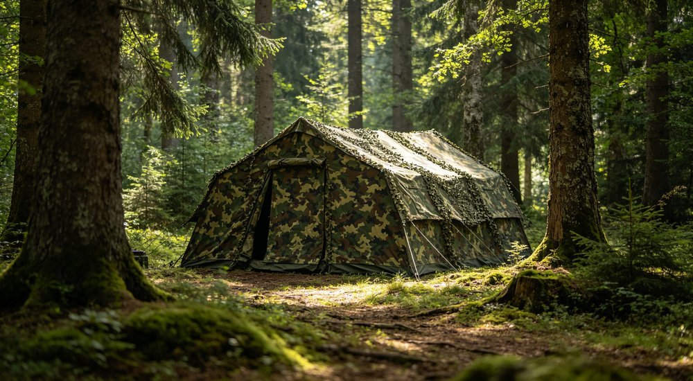 Military woodland camouflage tent hidden in dense forest environment, natural concealment with trees surrounding, camo pattern blending with green woodland, realistic photography
