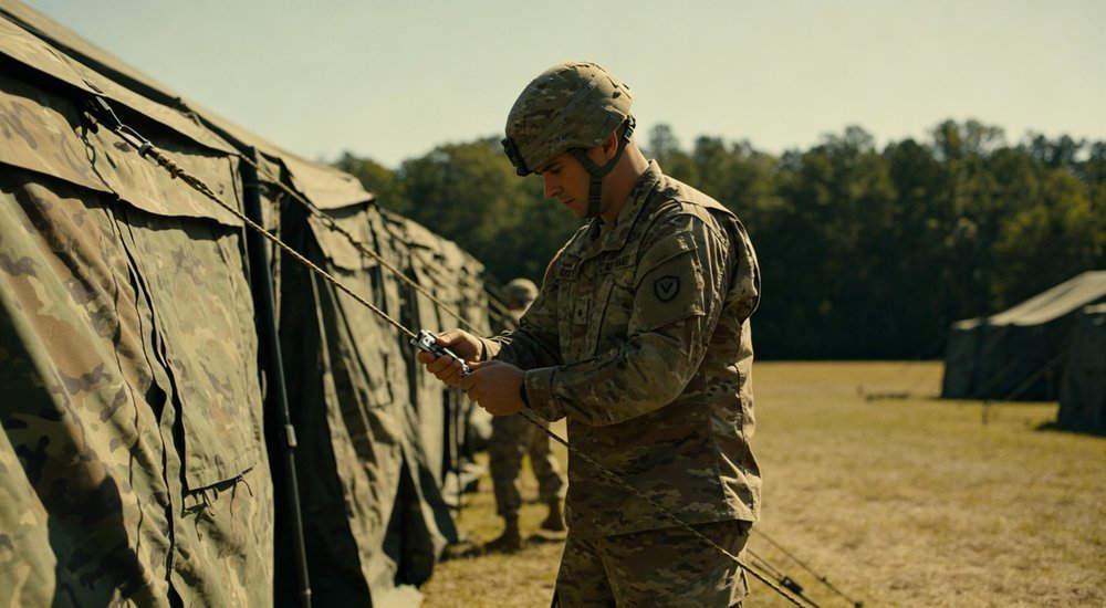 Soldier adjusting guy rope tensioner on military camouflage tent, outdoor field with trees, hands detail, realistic documentary photography professional high quality realistic photography with detailed composition and natural lighting conditions