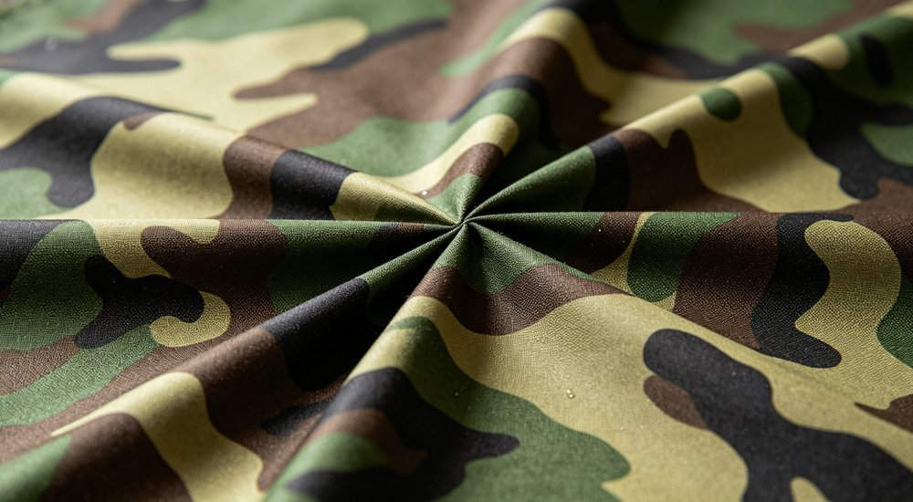 Close-up of 600D camouflage Oxford fabric being stretched showing tensile strength, waterproof coating surface, detailed material texture, professional product photography