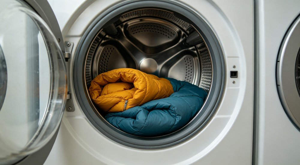 Sleeping bag placed inside front‑loading washing machine, demonstrating machine washable feature for outdoor camping gear, household maintenance scene