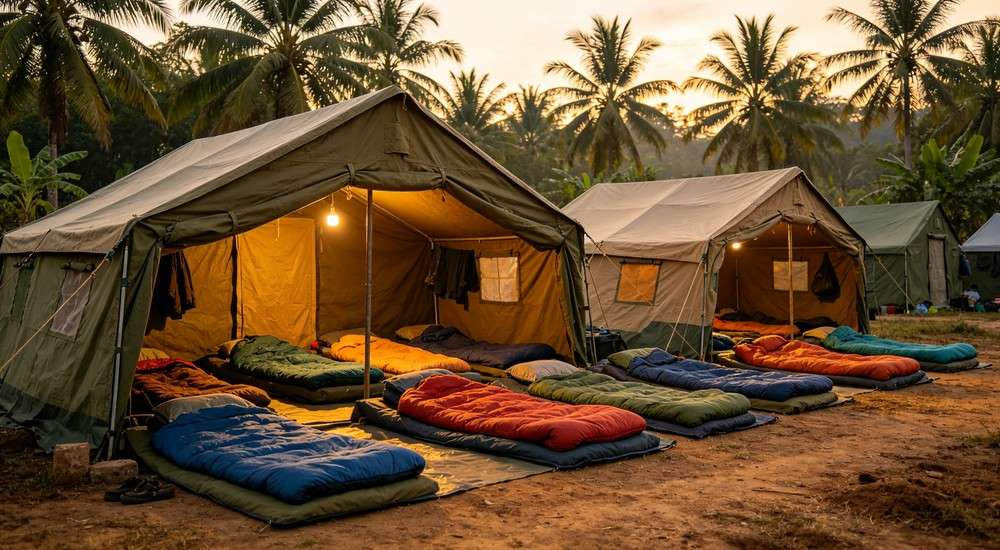 Row of canvas tents in golden hour forest with colorful sleeping bags visible inside, organized outdoor camp or emergency relief setting, warm sunset lighting