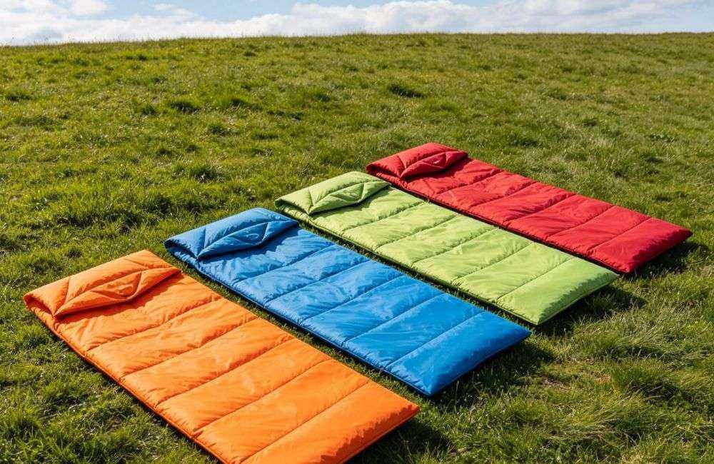 Wide angle view of colorful envelope sleeping bags laid flat on green grass under blue sky with mountain background, bright natural daylight, product family showcase, no people Wide angle view of colorful envelope sleeping bags laid flat on green grass under blue sky with mountain background, bright natural daylight, product family showcase, no people