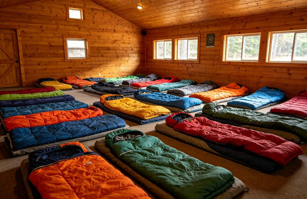 Wide angle view of summer camp wooden cabin interior with childrens colorful envelope sleeping bags laid flat on bunk beds, youth camp accommodation, warm wooden interior, no people