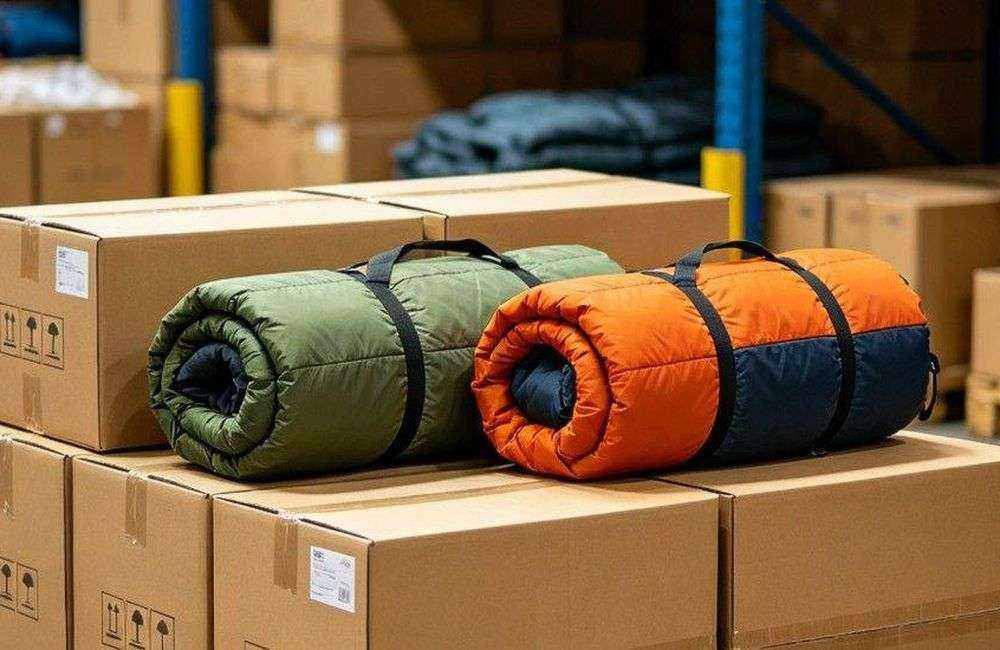Side view of envelope sleeping bag packaging in sturdy corrugated carton boxes stacked in warehouse, export ready shipping boxes, bulk order preparation, logistics storage area, no people