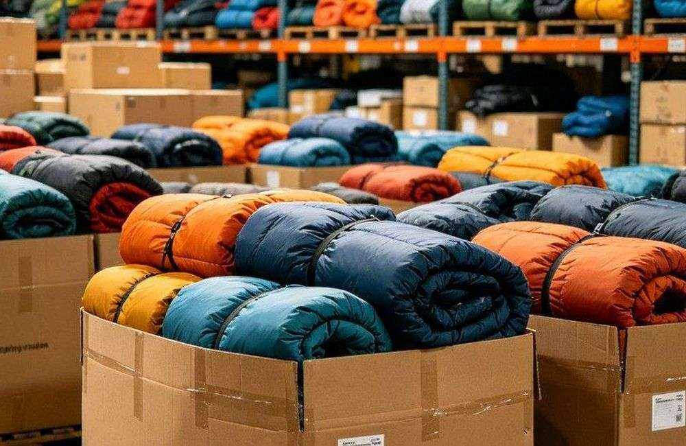 Wide angle view of large factory warehouse with bulk envelope sleeping bags stacked high on metal shelves, organized inventory storage, ready for export shipping, industrial logistics facility, no people