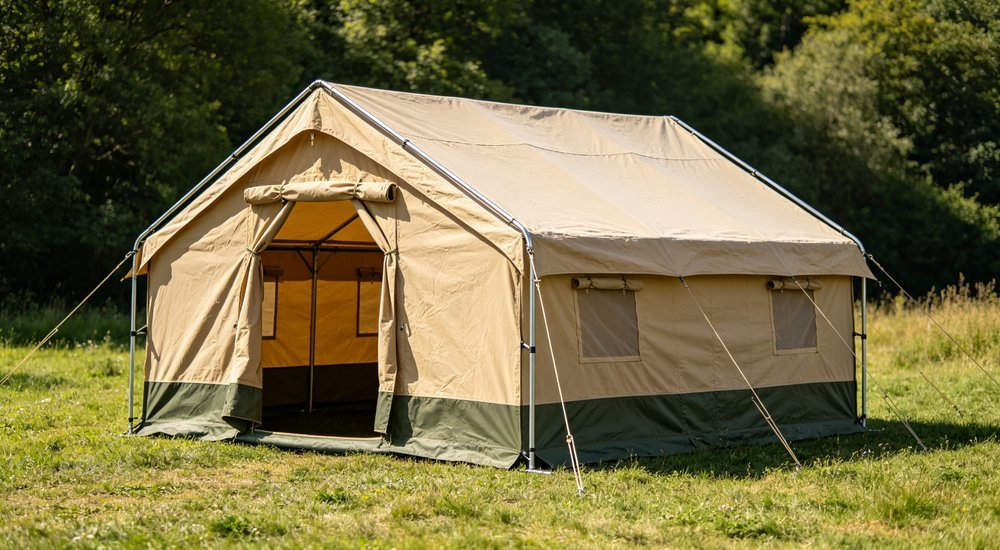 Forty five degree view of twenty square meter steel frame relief tent, visible metal pole structure with guy ropes and stakes, outdoor grass field realistic photography