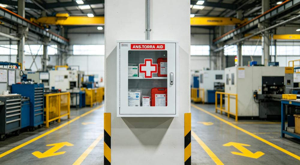 Wide industrial shot of white wall-mounted first aid cabinet on factory pillar with yellow safety floor markings and machinery visible