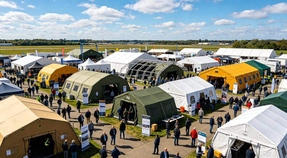 Aerial drone view showing multiple large emergency relief tents arranged in orderly rows across a disaster response camp with clear access pathways and blue sky overhead