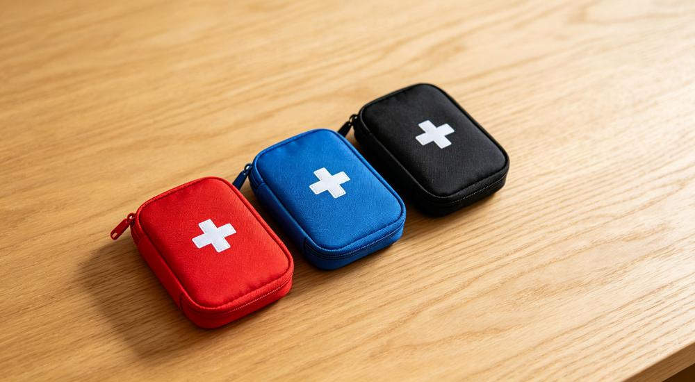 Top-down shot of three mini first aid pouches in red blue and black with white cross logos arranged on light wood surface