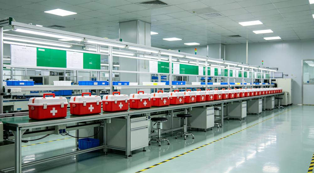 Wide factory shot of red first aid kits lined up on stainless steel production line in clean manufacturing facility