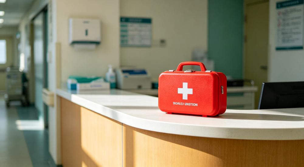 Clean hospital shot of red first aid kit on curved nurse station counter with teal wall and hallway visible in background
