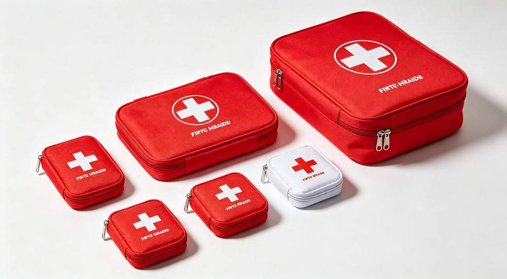 Size comparison shot of six red first aid kits in different sizes from small to large arranged on clean white surface