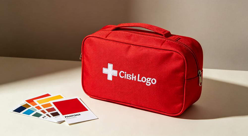 Product customization shot of red first aid bag with white embroidered logo and Pantone color swatch cards beside it on light surface
