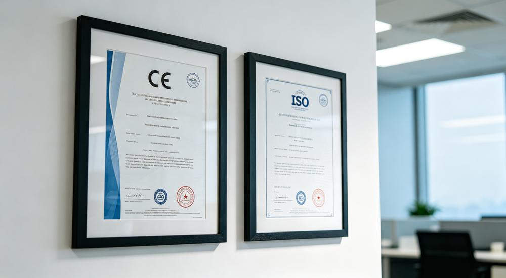 Clean office shot of two framed CE and ISO certificates hanging on white wall with modern office interior visible through glass