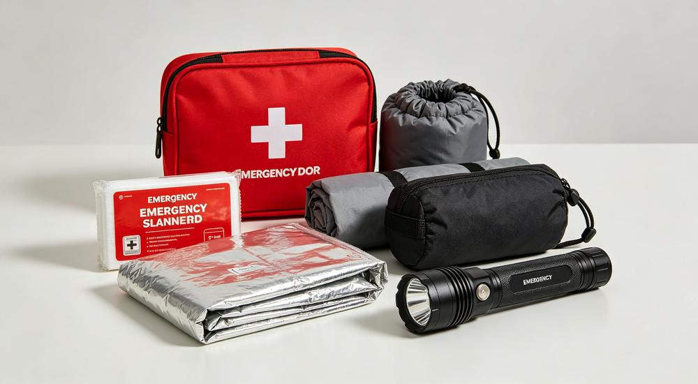 Product collection shot of red first aid kit folded emergency blanket rolled sleeping bag and black flashlight on white surface