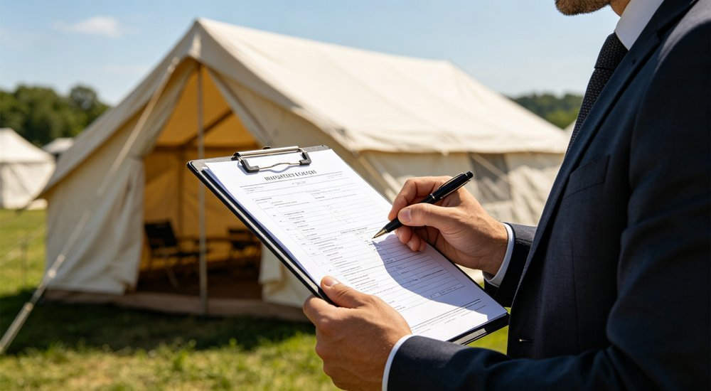 Procurement officer reviewing tent specification documents with technical drawings, UNHCR standard emergency shelter compliance verification, professional business documentation photography for humanitarian emergency shelter procurement with professional quality standards and reliable supplier partnership