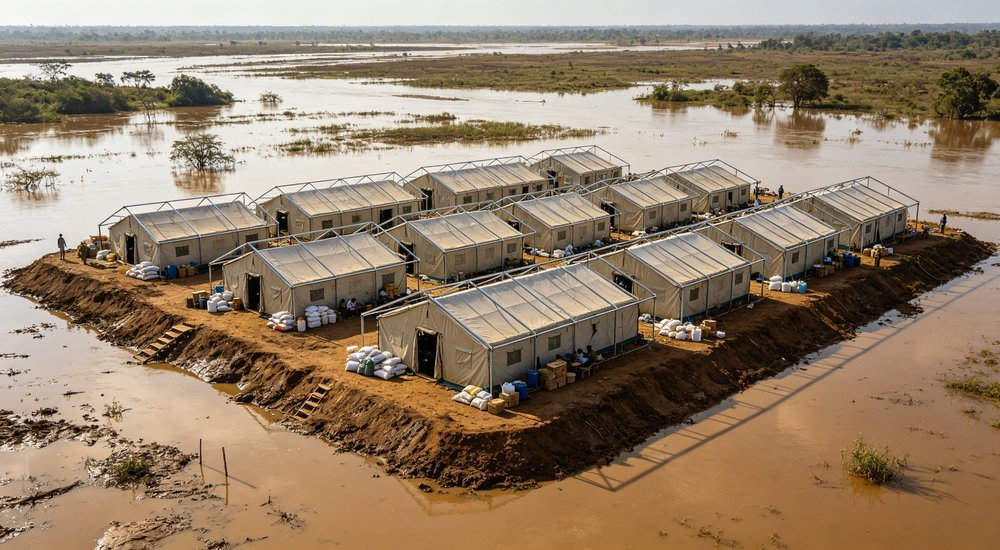 Flood relief camp with rows of steel frame tents in waterlogged area, emergency shelter deployment for flood displaced populations, documentary photography
