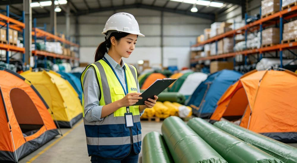 Warehouse quality control inspection of inflatable emergency tents, professional quality assurance team checking humanitarian relief shelter units before shipment, industrial inspection photography
