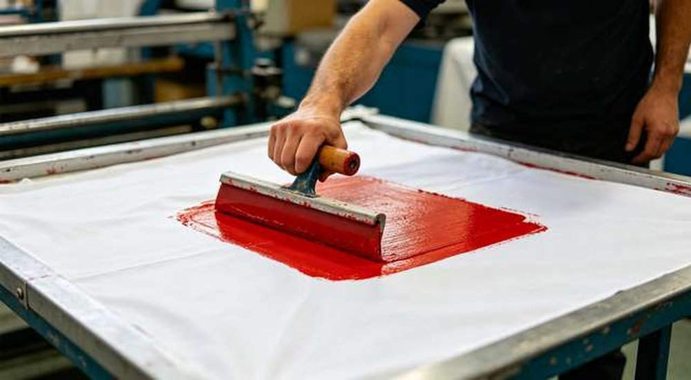 Close-up of professional screen printing process on white tent fabric, custom OEM logo printing technique for emergency tent manufacturing, professional product photography