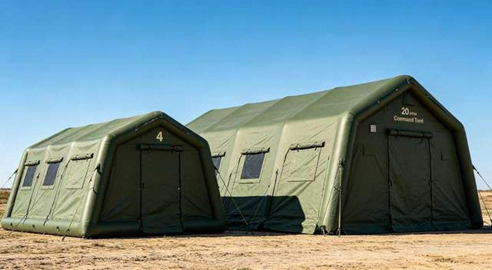 Two inflatable emergency tents side by side showing size comparison, OEM custom size dimensions for emergency shelters, professional product photography