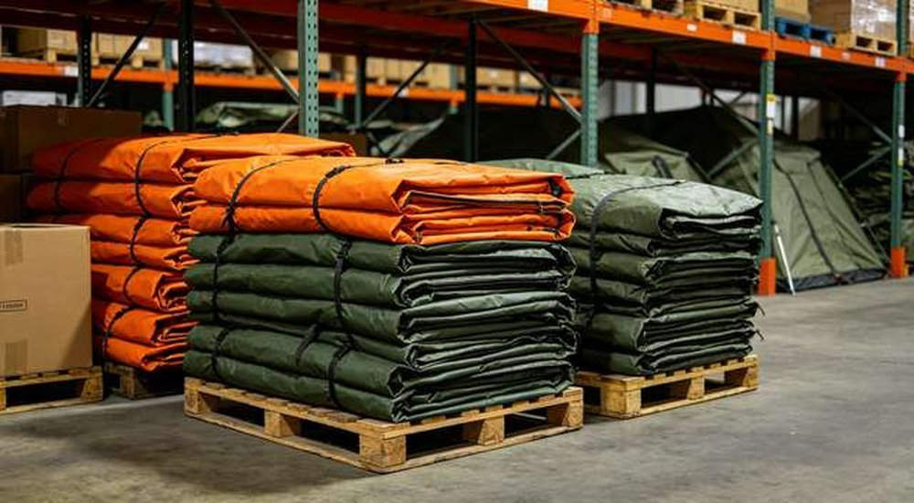 Stack of folded emergency tents in warehouse storage, professional OEM production capacity and stock availability, professional product photography, blue sky background