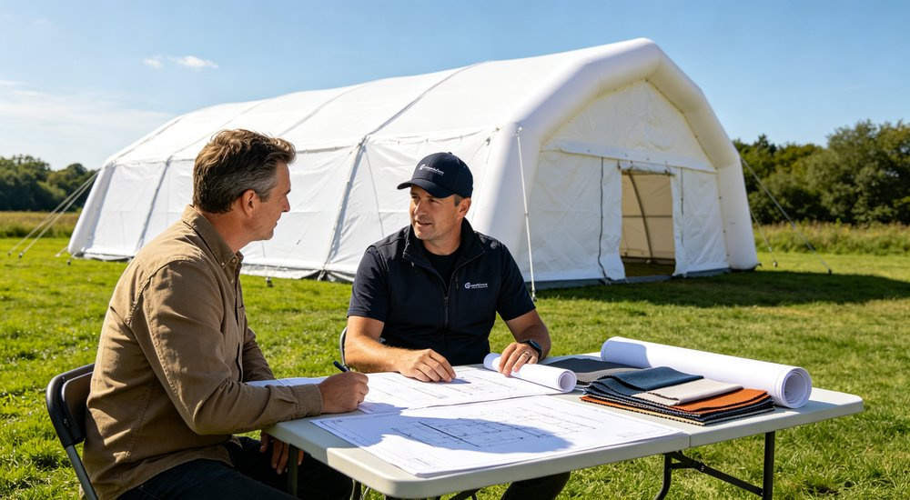 Customized inflatable emergency tent with logo and color options showing product customization, red and white tent on green grass, blue sky Customized inflatable emergency tent with logo and color options showing product customization, red and white tent on green grass, blue sky