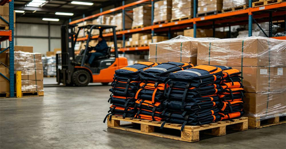 Warehouse scene stacks of folded red and black emergency backpacks on wooden pallets wrapped in plastic with yellow forklift in background