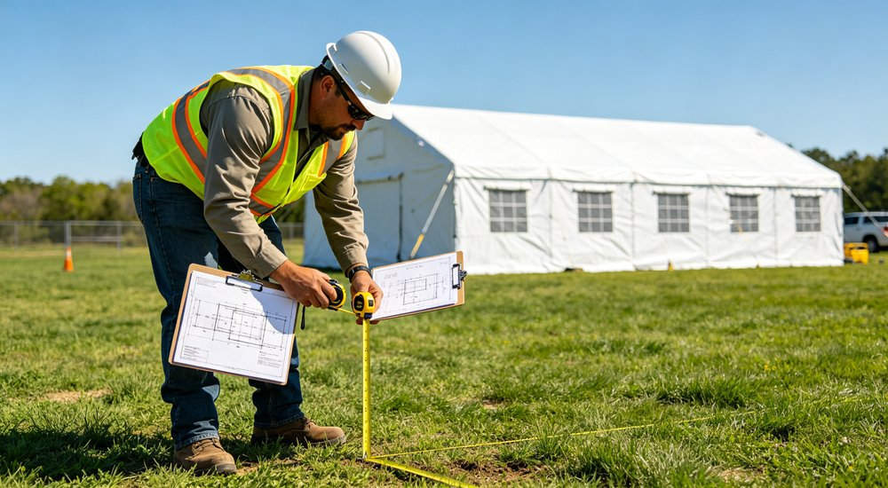 Site measuring for inflatable medical tent placement, worker measuring ground with tape red and white inflatable emergency shelter for disaster relief operations