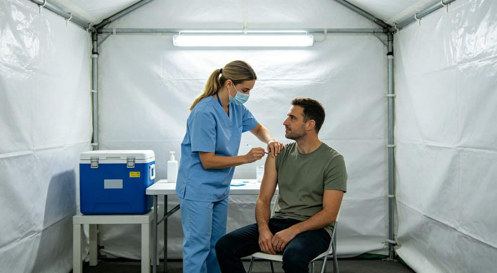 Vaccination scene inside inflatable medical tent, healthcare worker administering vaccine red and white inflatable emergency shelter for disaster relief operations