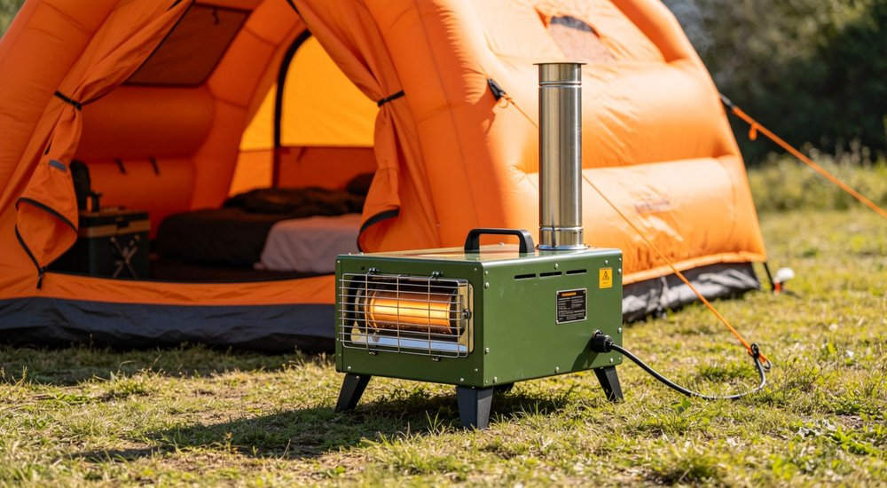 Temperature control system for inflatable decon tent, heater and thermometer, product shot red and white inflatable emergency shelter for disaster relief operations