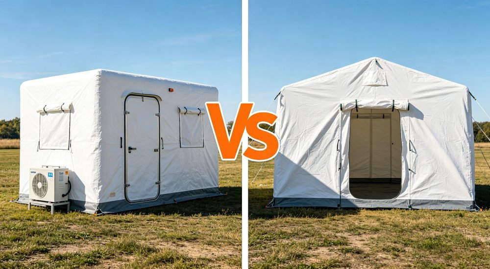 Isolation support tent vs emergency tent comparison showing differences, side by side, green grass red and white inflatable emergency shelter for disaster relief operations