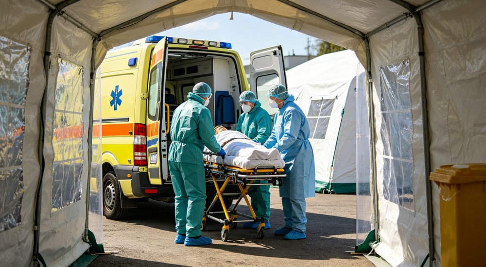 Patient transfer from inflatable isolation tent to ambulance, medical workers, green grass red and white inflatable emergency shelter for disaster relief operations