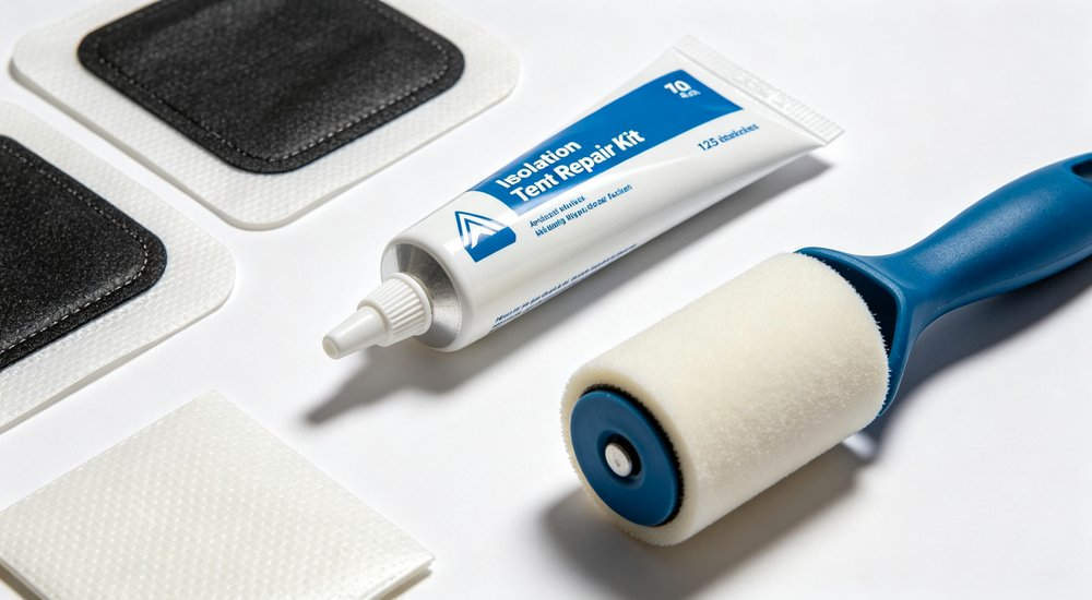 Inflatable tent repair kit with glue patches valve wrench laid out, product shot red and white inflatable emergency shelter for disaster relief operations