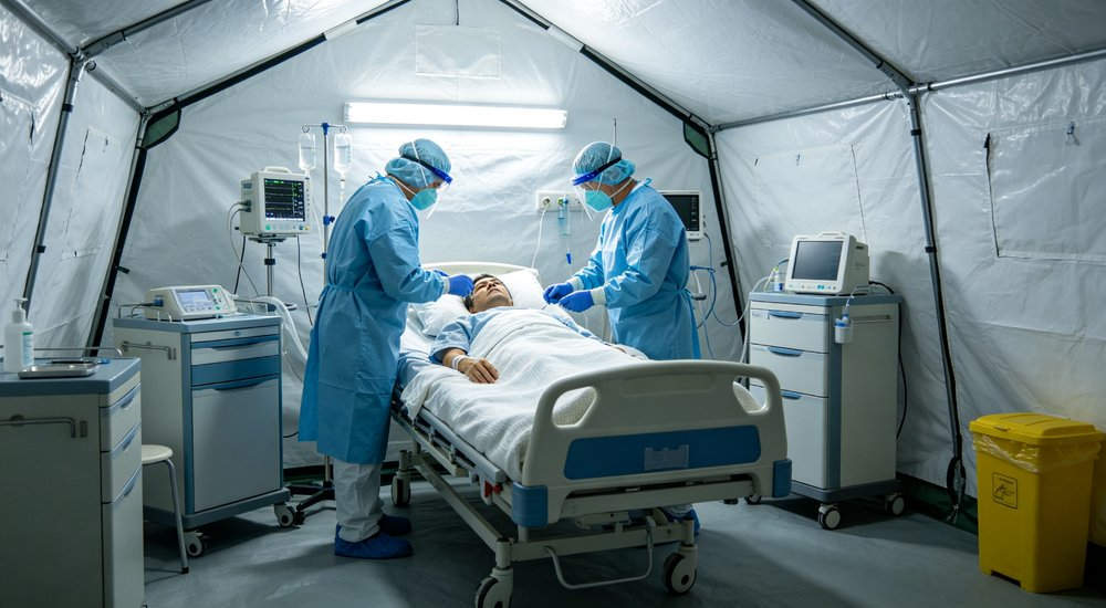 Actual field use of inflatable isolation tent showing medical workers in operation, green grass, blue sky red and white inflatable emergency shelter for disaster relief operations