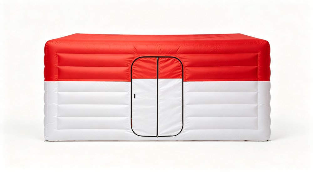 Front view of inflatable isolation tent on white background, red and white, product photography red and white inflatable emergency shelter for disaster relief operations