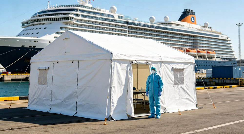 Cruise ship isolation setup with inflatable tents on deck, maritime quarantine scenario red and white inflatable emergency shelter for disaster relief operations