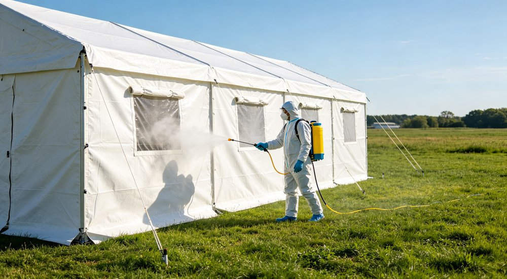 Exterior cleaning of inflatable isolation tent after use, worker washing PVC fabric red and white inflatable emergency shelter for disaster relief operations