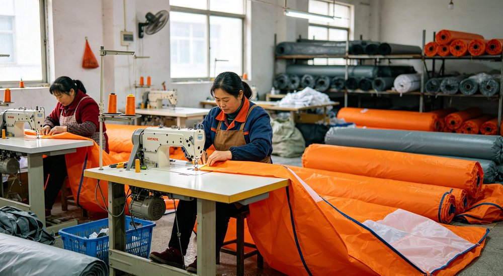 Chinese factory workers with Asian faces manufacturing inflatable isolation tents, bright workshop red and white inflatable emergency shelter for disaster relief operations