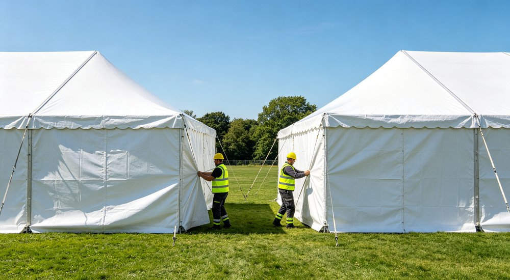 Quick connection process of modular inflatable tent, workers joining modules, green grass, blue sky red and white inflatable emergency shelter for disaster relief operations