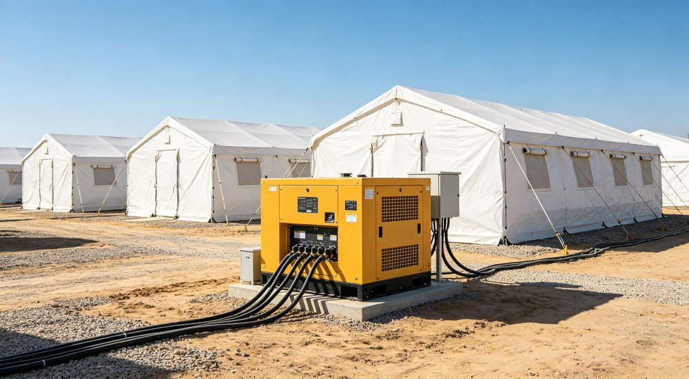 Central power supply for modular inflatable tent system, generator and distribution box, product shot red and white inflatable emergency shelter for disaster relief operations