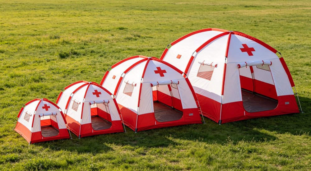 Size comparison of small medium large inflatable medical tents, three tents side by side, green grass red and white inflatable emergency shelter for disaster relief operations