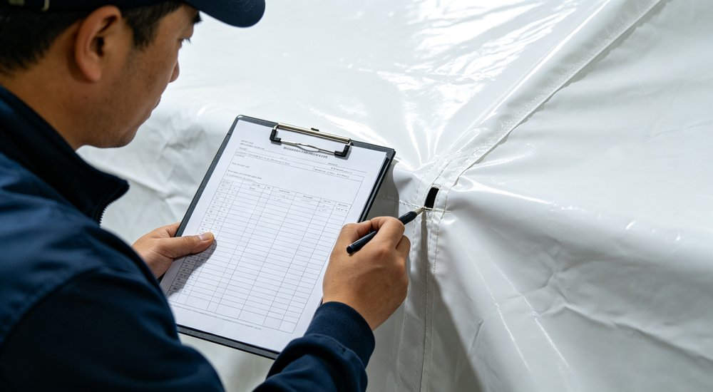 Tent inspection before deployment, worker checking inflatable medical tent, bright lighting red and white inflatable emergency shelter for disaster relief operations