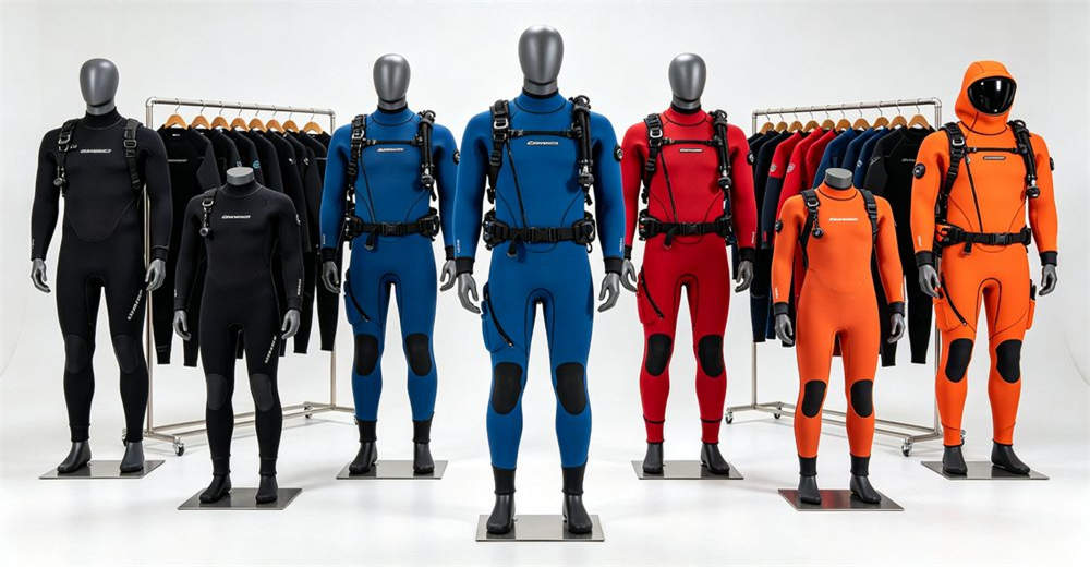 Complete collection of dry suits, neoprene wetsuits, and full-body diving suits displayed in showroom with multiple colors for bulk wholesale supply
