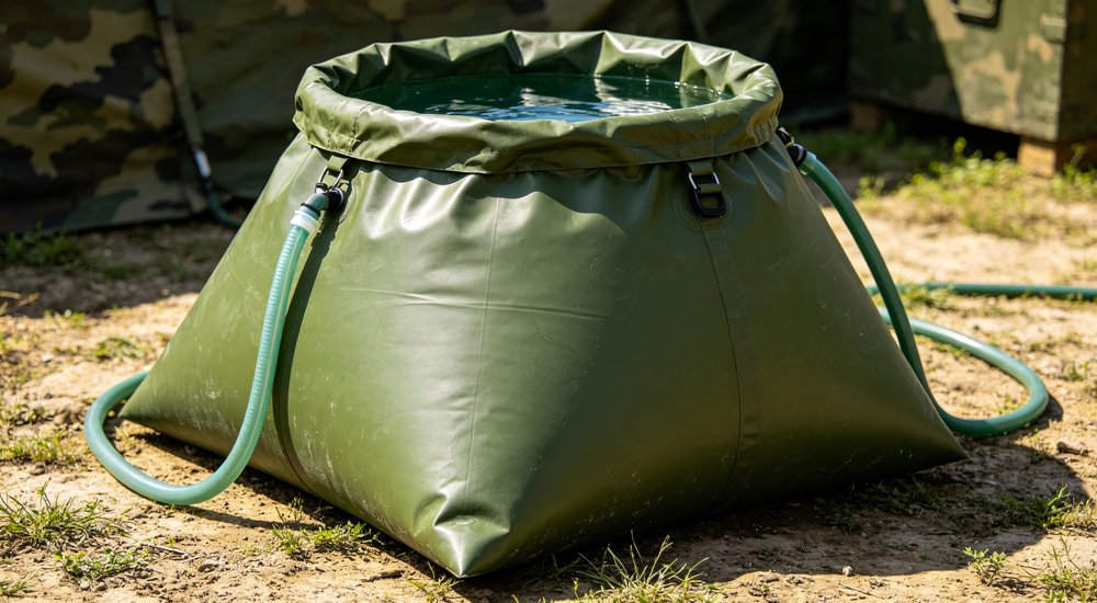 Portable water bladder for inflatable decon tent, flexible water storage bag, product shot red and white inflatable emergency shelter for disaster relief operations