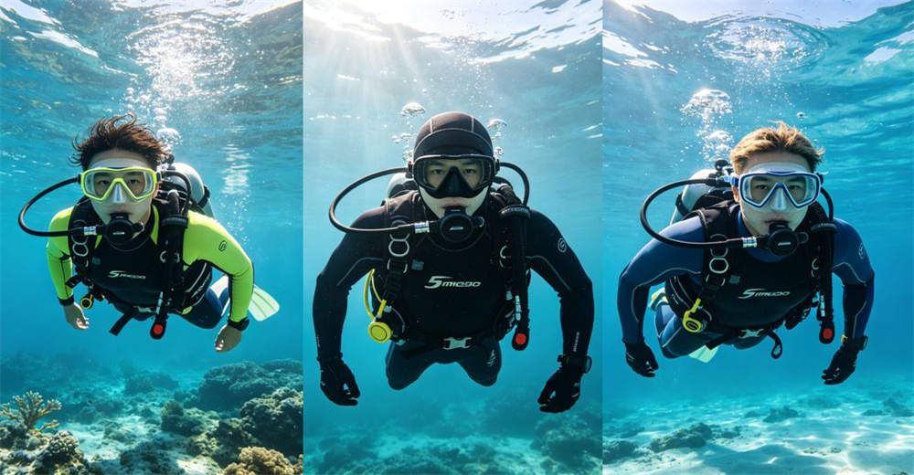 Three divers in different neoprene wetsuit thicknesses underwater demonstrating 3mm, 5mm, and 7mm options for various water temperatures. designed for recreational and professional diving in various water temperatures