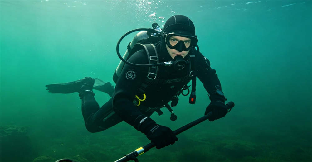 Search and recovery diver in full-body black diving suit with metal detector conducting underwater search operation in murky water. built for commercial underwater work and professional diving operations