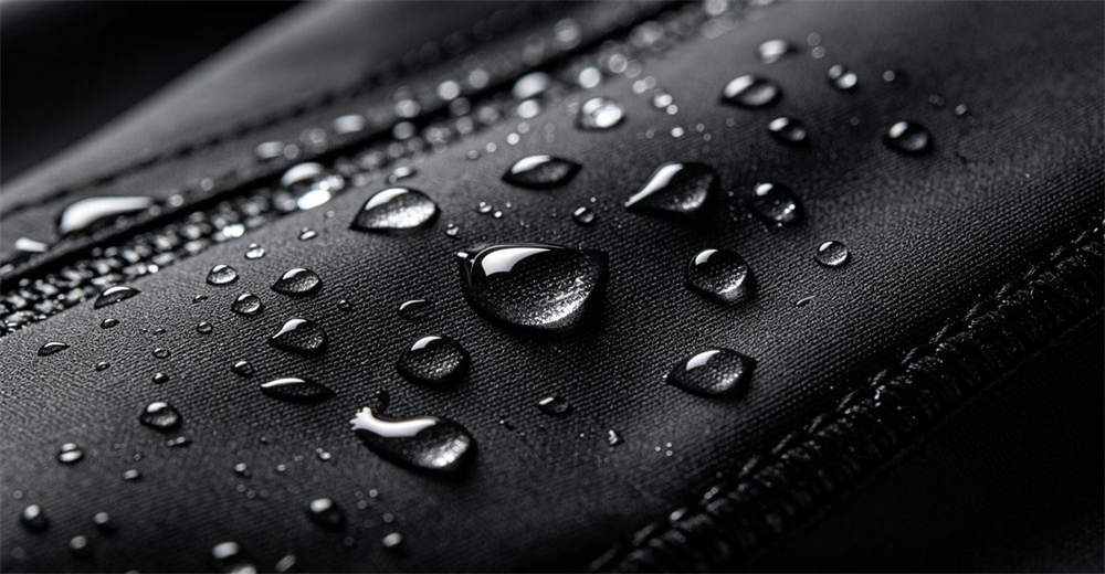 Water droplets beading and rolling off black trilaminate dry suit fabric demonstrating durable water repellent treatment and waterproof performance. helping buyers understand material properties for informed wholesale purchasing