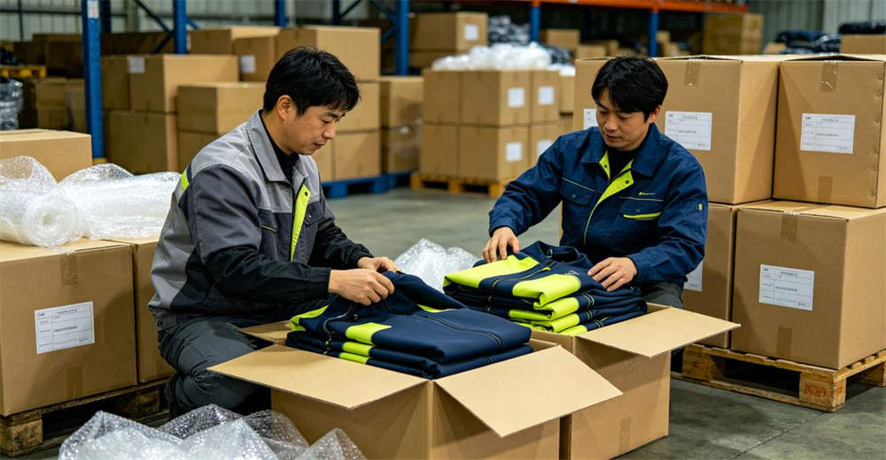 Asian workers packing folded dry suits into cardboard boxes with protective wrapping for export shipment and bulk delivery. ensuring safe transport and timely delivery for international wholesale orders