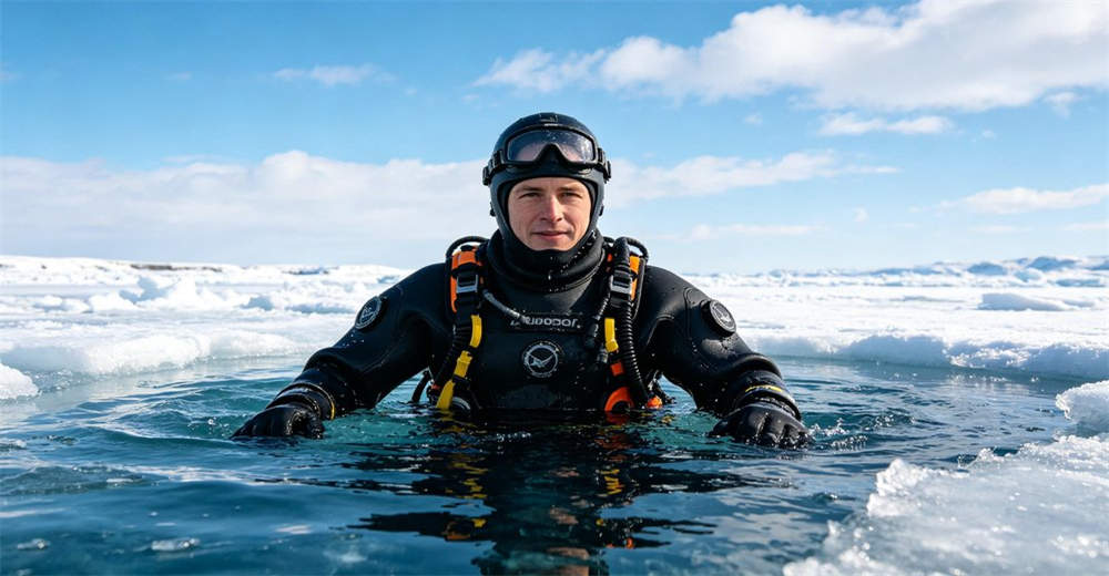 Rescue worker in dry suit performing ice water rescue in frozen lake environment demonstrating extreme cold water protection capability. engineered for professional flood rescue and cold water emergency response teams